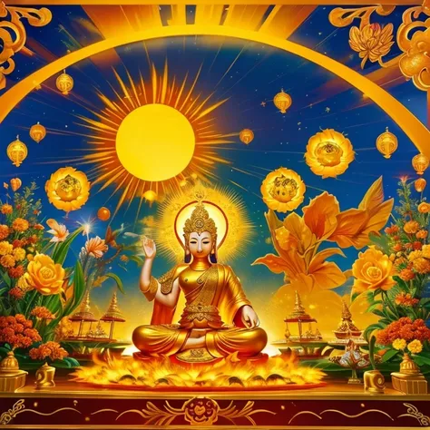 (a golden sun:1.1),(golden flowers:1.1),phoenix,various Buddhas and bodhisattvas,a treasure ship,(beautiful Buddhist goddess:1.1),God of Wealth:1.1,divine paintings inspired by Buddhism and Shinto