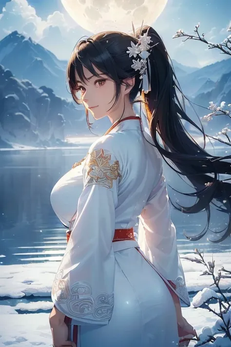 a beautiful woman, legendary, ((((Realistic oil painting, 46 year old queen, Vibrant look, (( white hanfu, White details, pure white, white dress, White clothes, wuxia, standing beside the lake and gazing at faraway place, humble)), top of mountain, 1 girl...