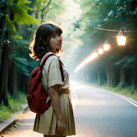 beautiful girl,pixer style,beige military shirt,Beige knee-length pleated skirt,red backpack,baby face,Brown short boots,dark brown hair,medium hair,bangs,white skin,charming eyes,long eyelashes,anxious look,Asahi,road deep in the forest,alone,Big tree,The...