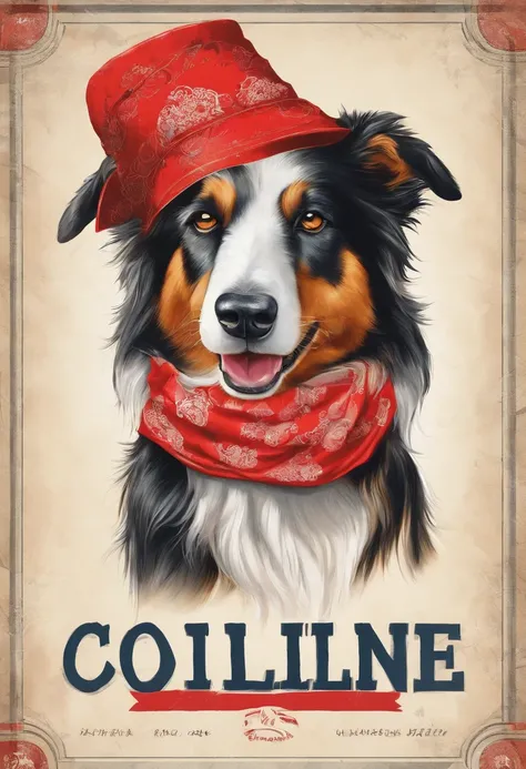 collie dog he wears a red bandana around his neck, fashion glasses, famous brand cap , cartazes, planfetos, adesivos, propraganda, revista.