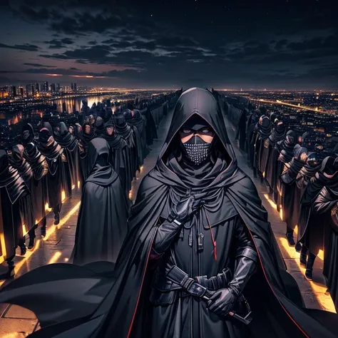 over 100 men, (((males))), (((covered faces))), (((serious))), (((black hooded cloaks))), (((night, nighttime, dark sky))), (((marching))), (((city, lit-up city)))