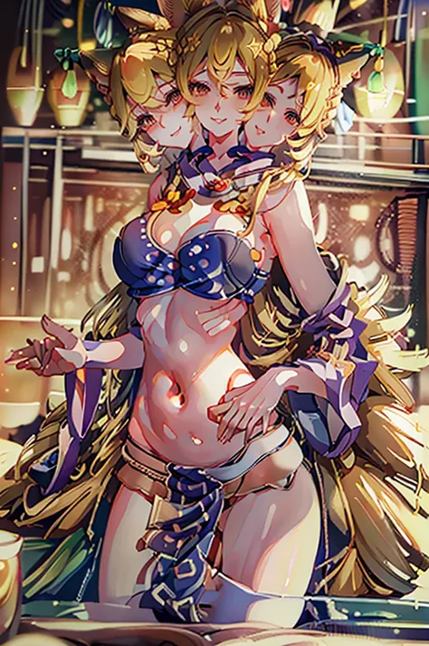 (masterpiece, best quality), best quality, (ultra-detailed), (3heads:1.5), 1girl, (yakumo ran:1.3), masterpiece, best quality, blue top, crop top, ((stomach)), midriff, ((groin)), blue skirt, normal ears, shackles, blonde hair, very long hair, wavy hair, s...