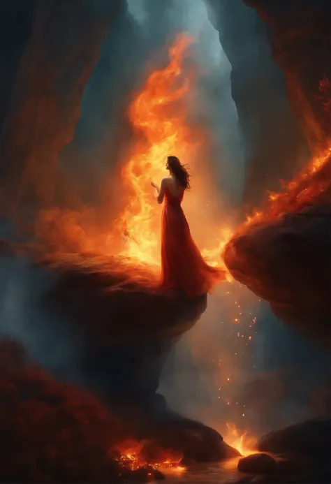 A painting depicting a woman with brown curls in a blue dress, surrounded by fire in a cave, looking at a fiery spirit (fire elemental), face to face with a fiery demon, standing on a ledge of a rock in fire, the Goddess of fire, a wonderful fiery mood, fa...