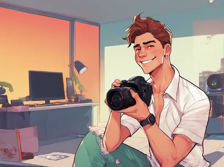 a young man (under 17) Wear a white shirt Taking pictures with a camera, in a studio in the background, smile, Minimalism, cinematic lighting, dutch angle