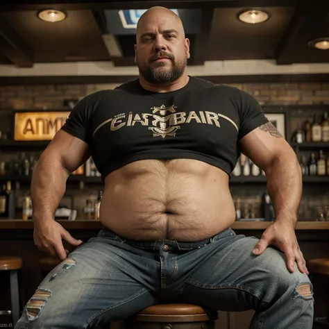 A portrait full body photograph of a charismatic mid-age heavy bartender, in a bar, calvo fuerte (bald and strong), muscular, culturista peludo con gran barriga (hairy and with a big belly), skin tight ripped jeans, skin tight red t-shirt, casually reveali...