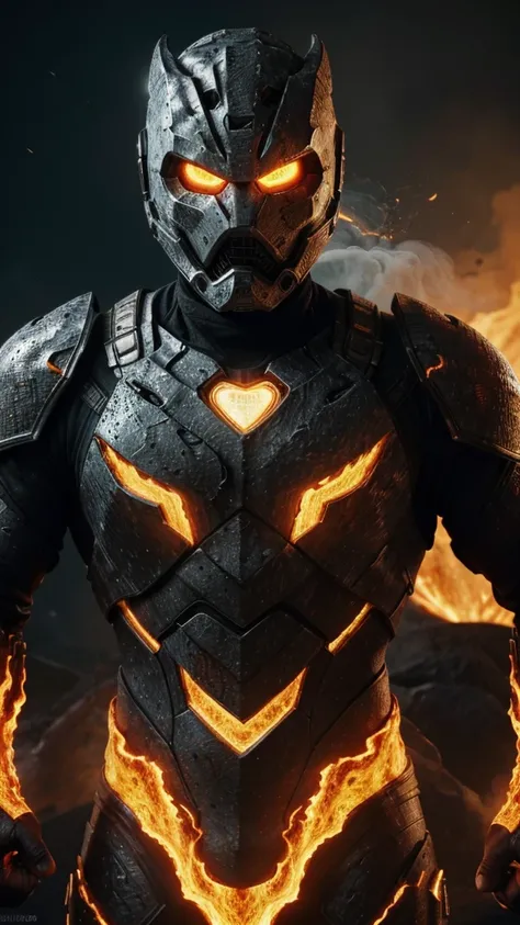 (best quality,4k,8k,highres,masterpiece:1.2),ultra-detailed,realistic:1.37,a man with white technological mask, intensely glowing yellow eyes, technological armor with lava scales on the chest, clenched fists emitting smoke