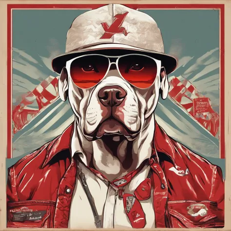  Pitbull, he wears a red bandana around his neck, Fashion glasses, famous brand cap
  , (((cartazes, planfetos, adesivos, propaganda, revista.)))