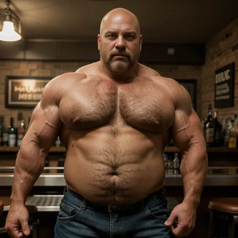 A portrait full body photograph of a charismatic mid-age heavy bartender, in a bar, (bald and strong), muscular, (hairy bodybuilder with a big belly), skin tight ripped jeans, skin tight red t-shirt, huge groin area. The scene unfolds in realistic epic, ca...