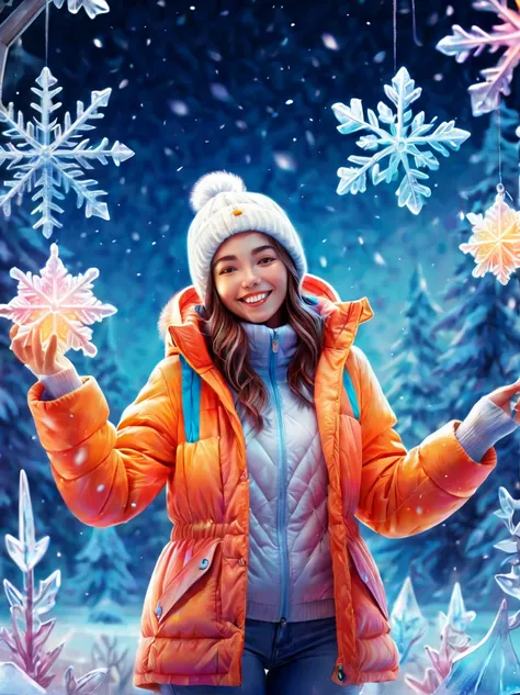 (panoramic:1.5), An imaginative and detailed illustration of a fantasy female friend, depicted as a cute and beautiful girl. Her face is lit up with a happy smile, and she is fashionably dressed in a bright orange puffer jacket. The setting is a magical ic...