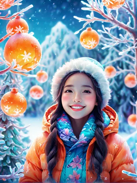 (panoramic:1.5), An imaginative and detailed illustration of a fantasy female friend, depicted as a cute and beautiful girl. Her face is lit up with a happy smile, and she is fashionably dressed in a bright orange puffer jacket. The setting is a magical ic...