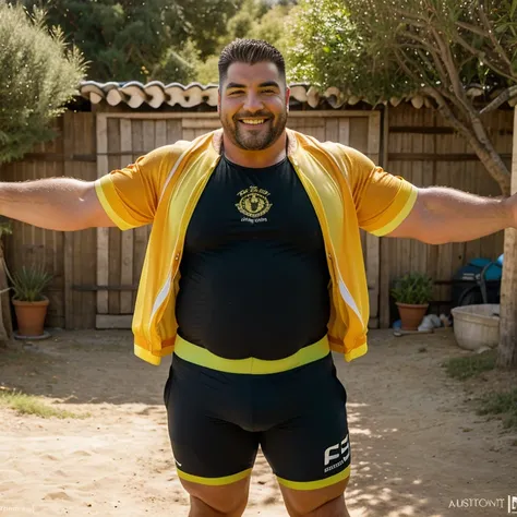 A full-length portrait photograph of a charismatic middle-aged heavyweight cyclist., en el campo (calvo y fuerte), Muscular, (culturista peludo con una gran barriga), maillot y shorts muy ajustados, huge groin area. La escena se desarrolla en un entorno re...