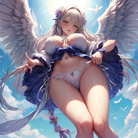 Angel、1 woman、Adult beauties、Elaborate clothing、white lace off shoulder bikini、Angelの輪、orgasm、blush、Fancy embroidery、large white wings、floating、are flying、big breasts、thin thighs、knee high socks、hands behind head、blush、angle from below、Fantastic