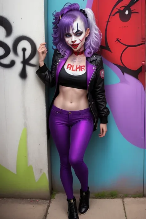 a female clown who has features of the Joker with unique makeup, purple hair, a scar on his face, a wider smile, looks scarier and has a red nose, tattooed, full body view. Skinny petite. In front of a wall with graffiti 