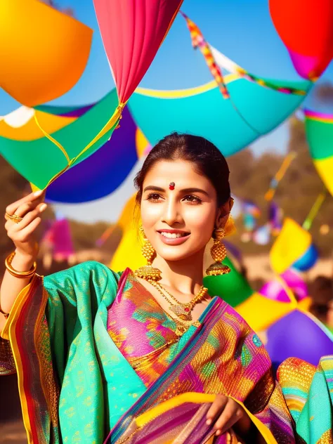 Write a prompt to make a template to wish Happy Makar Sakranti, also includes sweets, kites and a beautiful well textured women to promote golden jewelry and background should be made with kites