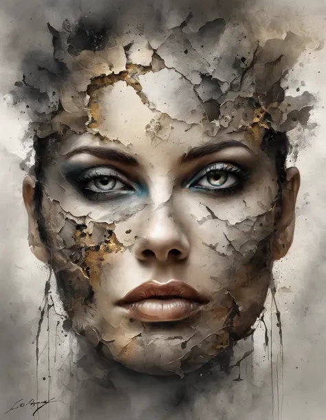 eyes are hidden,My head is scattered、Modern abstract watercolor painting of a beautiful woman&#39;s face with cracks on her face, Long black hair fluttering in the wind,The eyes are hidden, best configuration, Better color separation with rough brush strok...