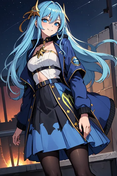 (masterpiece, best quality:1.2), solo, 1girl, smile, looking at viewer, holdingmonsterenergy, long hair, blue hair, star hair ornament, blue eyes, jacket, skirt, pantyhose 