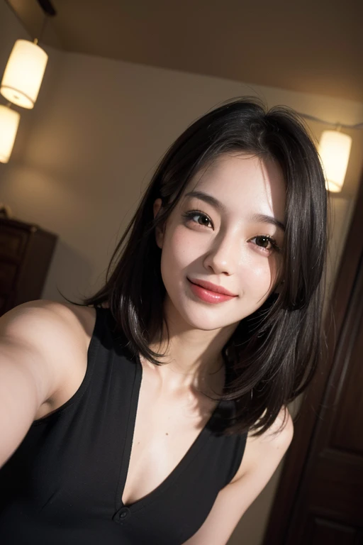 ,highest quality, masterpiece, (realistic:1.4), 1 girl, light smile,, Upper body, dramatic lighting, from below, small breasts, selfie, Centered on the face,peace sign
