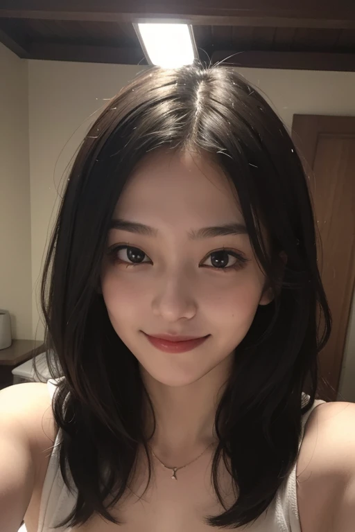 ,highest quality, masterpiece, (realistic:1.4), 1 girl, light smile,, Upper body, dramatic lighting, from below, small breasts, selfie, Centered on the face,peace sign
