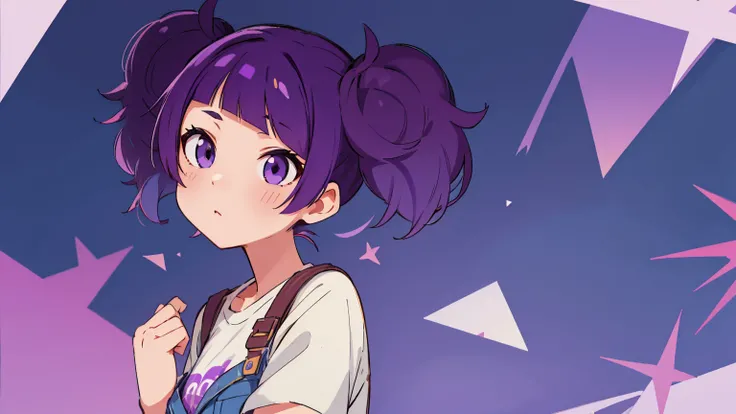 mamimi tanaka, asymmetrical bangs, blunt bangs, diagonal bangs, (purple eyes:1.1), purple hair, twintails, denim shorts