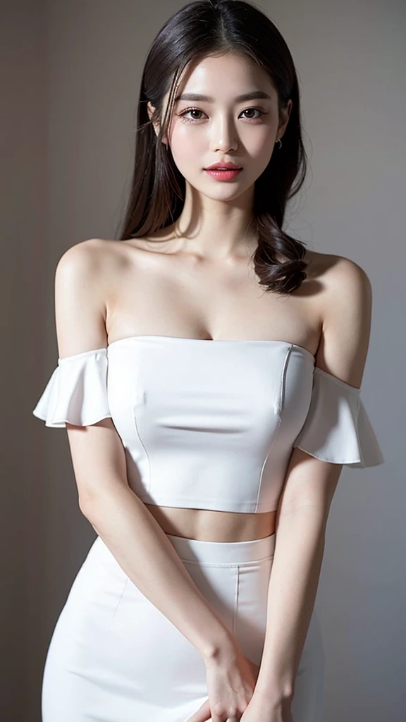 The Chinese woman in the photo is wearing a fashionable white sleeveless top and skirt. Her long hair is smooth and straight, and she has a full body photo off the shoulder. She stands in front of a pure white background with the capital letter "happy" on ...