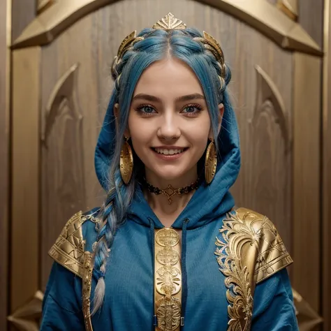 (masterpiece, best quality),  intricate details,, 1girl,     Gura, multicolored hair, blue eyes, shark hair ornament, gold hair ornament, gold choker, gold bracelet, sharp teeth, grin, blue hoodie,,  greek clothes, peplos,