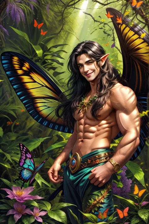 artwork, Male fairy, muscular arms and legs, strong chest, long black hair, wings, shine, shine, in an enchanted forest, butterflies, vegetation, Flowers, sexy and charming smile, looking at the viewer with inviting gaze, 8k , HDR