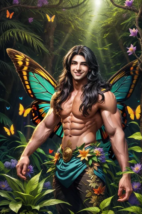 artwork, Male fairy, muscular arms and legs, strong chest, long black hair, wings, shine, shine, in an enchanted forest, butterflies, vegetation, Flowers, sexy and charming smile, looking at the viewer with inviting gaze, 8k , HDR