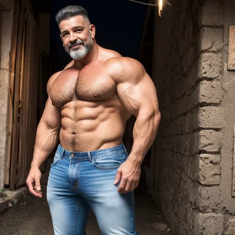 An oil painting of a full-length portrait of a charismatic Caucasian male, super sexy, caliente, calvo, camionero, pesado, 60 years old, en una carretera (calvo y fuerte), Musculoso, huge biceps, tatuado, (culturista muy peludo con una gran barriga), camis...