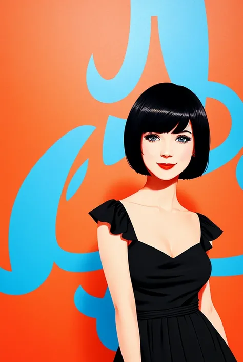 A Female with Black Bob Cut, Blue Eyes, Red Lips, Bare Shoulders, flamenco dress, orange ruffle off the shoulder top, black maxi dress, smile, graffiti art, flat illustration style, minimalist, red simple background. 1 girl, solo