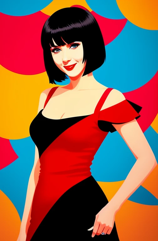 A Female with Black Bob Cut, Blue Eyes, Red Lips, Bare Shoulders, flamenco dress, orange ruffle off the shoulder top, black maxi dress, smile, graffiti art, flat illustration style, minimalist, red background. 1 girl, solo, rotoscope