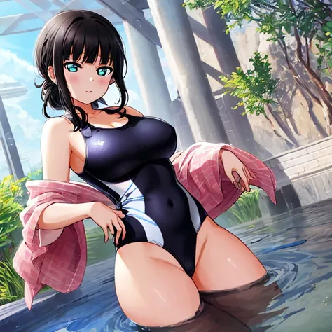 best quality, very aesthetic, Super detailed, best illustration, 1girl, おっぱい, black_hair, one-piece swimsuit