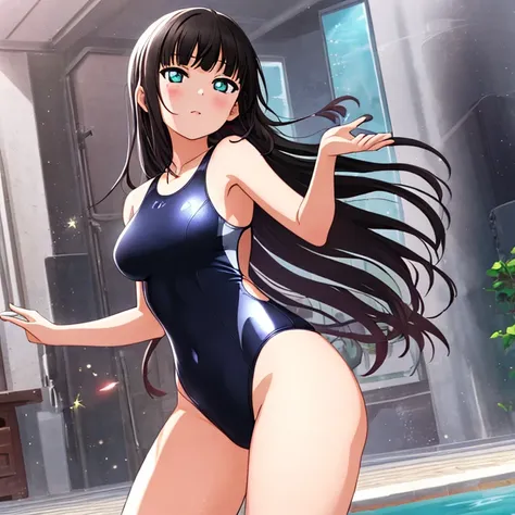 best quality, very aesthetic, Super detailed, best illustration, 1girl, おっぱい, black_hair, one-piece swimsuit