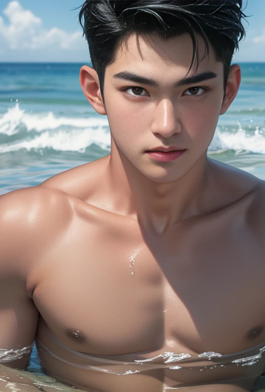 High quality, masterpiece, highly detailed, 8k, perfect face, perfect body, realistic, photo realistic, man, Asian, black hair, short hair, handsome, detailed eyes, beautiful detailed nose, realistic body, realistic light, comfortable expressions, cute guy...