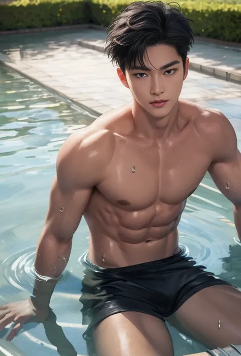 High quality, masterpiece, highly detailed, 8k, perfect face, perfect body, realistic, photo realistic, man, Asian, black hair, short hair, handsome, detailed eyes, beautiful detailed nose, realistic body, realistic light, comfortable expressions, cute guy...