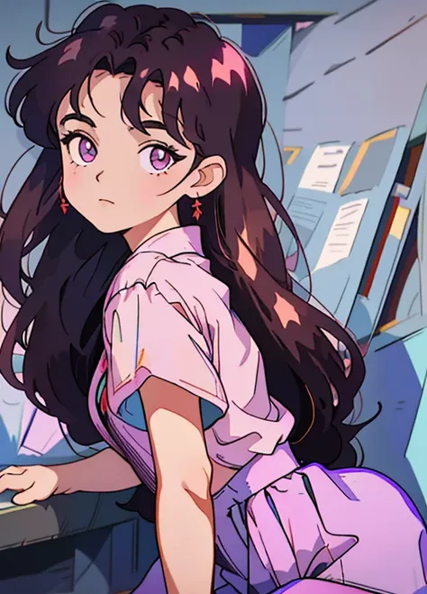 90s anime style，tmasterpiece，best qualityer，highest  quality，realisticlying，perfectanatomy，perfectface，Perfect eyes，Videldbspinkdress，1girll，独奏，brunette color hair，shift dresses，eBlue eyes，Pink dress，blacksilk，red hairband，exteriors, ssmile, young girl, sc...