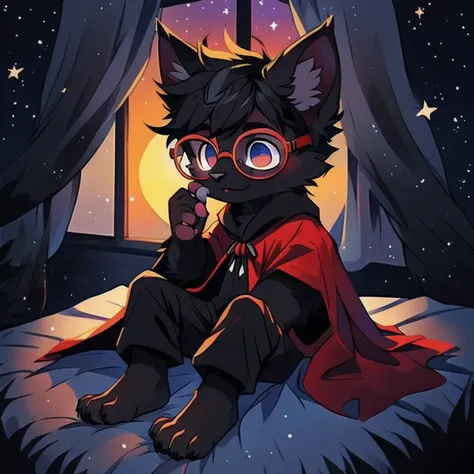 Character (fluffy black fur feline), fur, black, (completely black), (black fur), (black fur), (stars in his fur) (claws on each finger), (black crystal glasses and stars in his glasses with red frame), (dresses in black pajamas with stars) (huge dark cape...