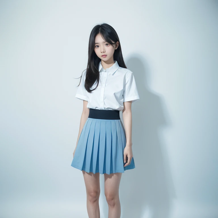 a girl，Wearing a short blue skirt，black，white shirt，standing on white background