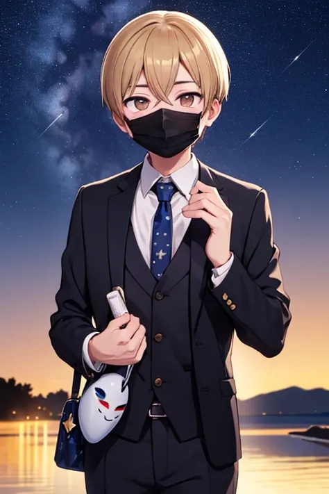 stylish,Wearing a mask,refreshing,hosomi,youth,male,starry sky,Wearing a suit,heart in the eyes