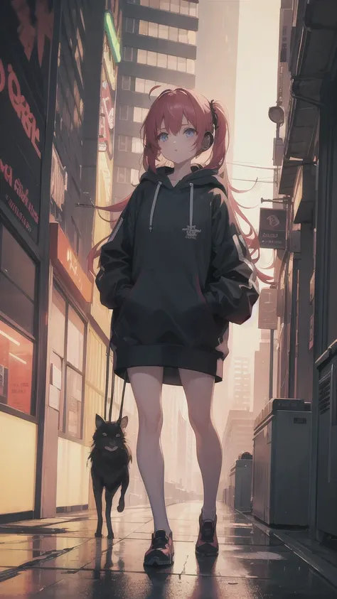 masterpiece, Only anime girls, incredibly absurd, hoodie, headphones, street, outdoor, rain, neon, cyberpunk city, neon lights.