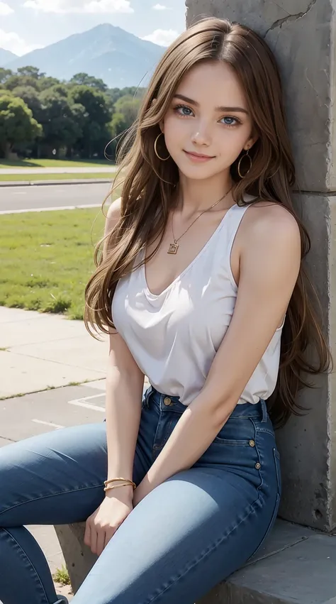 22 year old white female、Hair color is brunette、blue eyes、long hair、The ends of the hair are wavy、setting hair、accessories on wrist、wearing a necklace、has earrings、skin is smooth、Slender but muscular body、smile、Wearing American armhole tops、wearing skinny ...