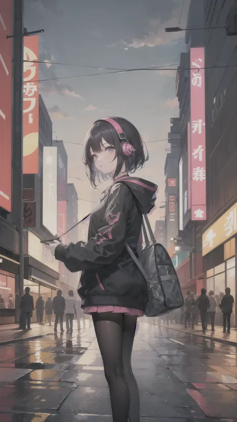 masterpiece, Only anime girls, incredibly absurd, hoodie, headphones, street, outdoor, rain, neon, cyberpunk city, neon lights.