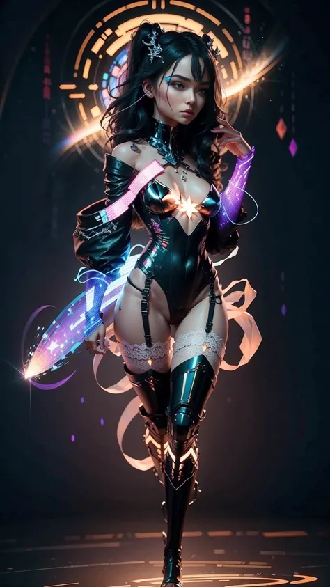 An ultra-realistic and ultra-detailed ((full body portrait)) of a gorgeous petite caucasian celestial goddess, barefoot with long black hair, (silver eyes), ((small breasts)) wearing (torn and ripped) purple silk lingerie, Striking a ((Sexy Pose)), Galacti...