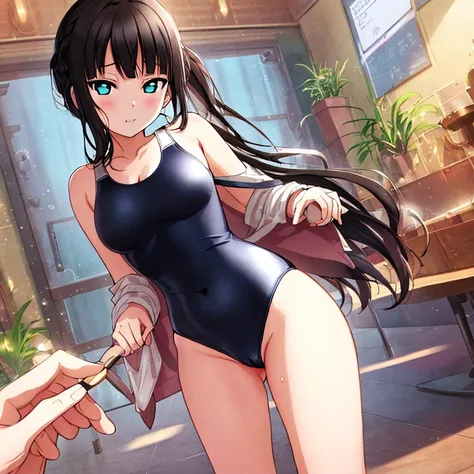 best quality, very aesthetic, Super detailed, best illustration, 1girl, おっぱい, black_hair, one-piece swimsuit, nsfｗ, pussy focus