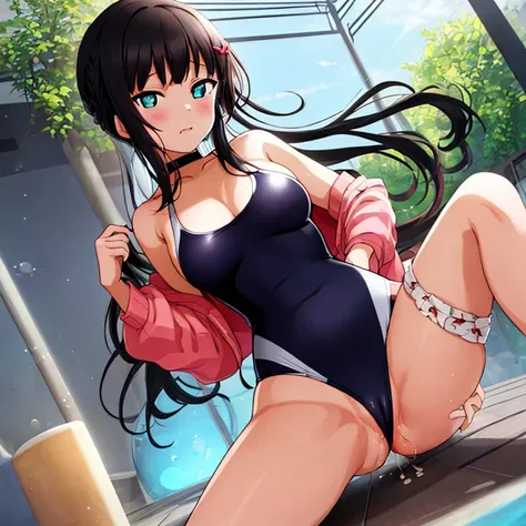 best quality, very aesthetic, Super detailed, best illustration, 1girl, おっぱい, black_hair, one-piece swimsuit, nsfｗ, pussy focus