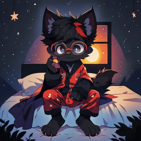 Character (fluffy black fur feline), fur, black, (completely black), (black fur), (black fur), (stars in his fur) (claws on each finger), (black crystal glasses and stars in his glasses with red frame), (dresses in black pajamas with stars) (huge dark cape...