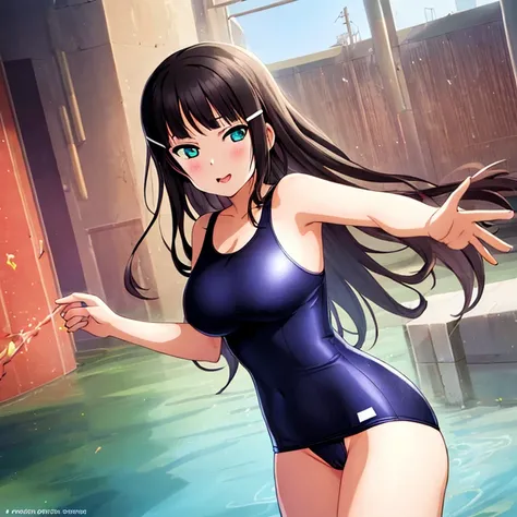 best quality, very aesthetic, Super detailed, best illustration, 1girl, おっぱい, black_hair, one-piece swimsuit, nsfｗ, pussy focus, aroused