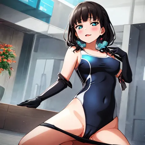 best quality, very aesthetic, Super detailed, best illustration, 1girl, おっぱい, black_hair, one-piece swimsuit, nsfｗ, pussy focus, aroused