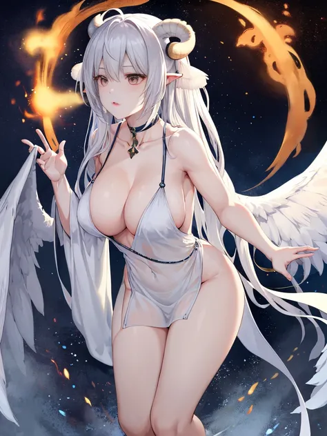 Close-up of a woman with white hair and stunning face，White-haired God，huge ，epic beautiful characters，Amazing goddess，long legs，Yuzu控，nipple，whole body，horns on head，鳞片布满whole body，Wings are born on the back，Dragon Queen，dragon girl，no clothes，上半身no cloth...