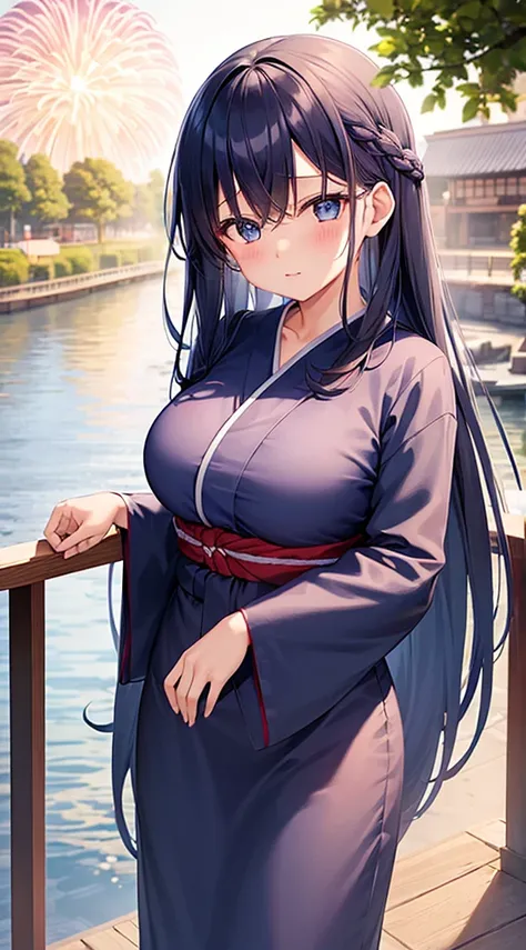 1 girl、dark blue hair、long hair down to the waist、dark blue eyes、cute、blush、night、along the river、Fireworks Festival、white yukata、she、big breasts、opened clothes