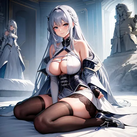 （（（（1 male、silver hair、bad wind、smile、warrior、snowfield、daytime、））））（（（masterpiece、highest quality、Super detailed、）））1 female、silver hairロングヘア、wave、bangs eyebrow cross、Silver eye、big breasts、lightly armed、lance、Gunplay、Silver costume、solid skirt、Lace tops、...